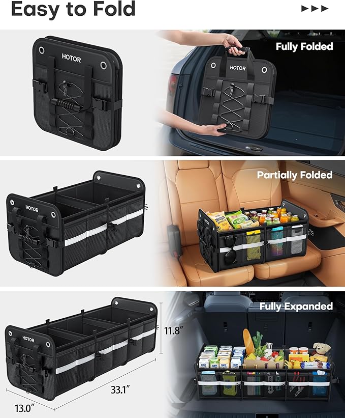 HOTOR Trunk Organizer - 3-Compartment Car Organizer and Storage with Cooler Bag, Foldable Car Storage Organizer for SUV with