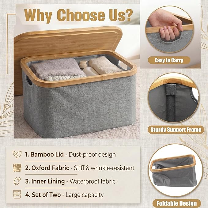 Novabright 2 Pcs Collapsible Storage Basket with Bamboo Lids 15" x 10" Foldable Fabric Storage Bins with Handles for Organizi