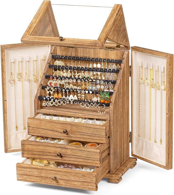 Jewelry Box Organizer, Rustic Wooden Jewelry Boxes for Women Girls, Large Storage Earring Holder Organizer Display for Earrin
