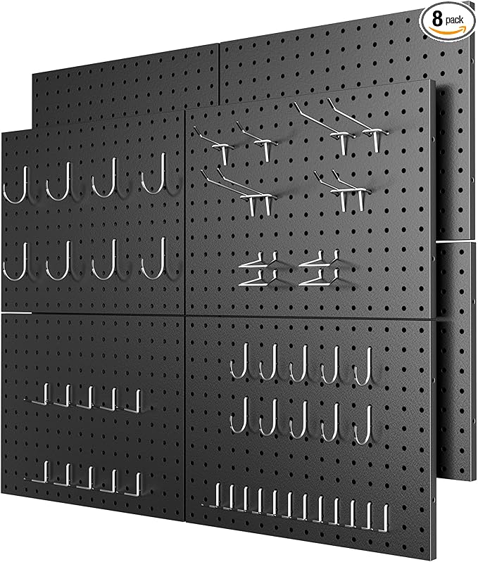 Peg Board 8 Pack Metal Pegboard Panels with 50 Hooks, Heavy Duty Pegboard Wall Organizer, Black Pegboards for Workbench, Gara