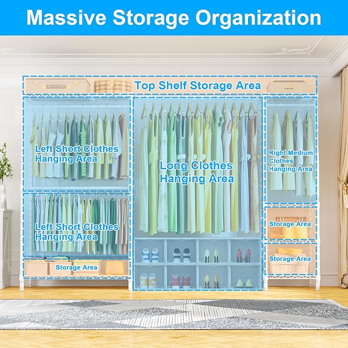 Ulif E10 Clothes Rack（With Stretchable Hanger Rod）Freestanding Clothing Racks for Hanging Clothes，Adjustable Closet Organizer