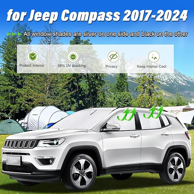KMF 8pcs Thicken Sun Shades for Jeep Compass 2017-2025 Accessories,Compass Sunshade Full Car Window Covers for Windshield Side Rear, UV Block and Blackout Privacy for Camping Outdoor