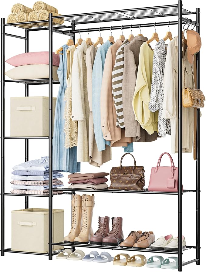 Wardrobe Closet,Portable Clothes Rack with 4 Tiers Shelves,Freestanding Closet Organizers and Storage System with Hanging Rod