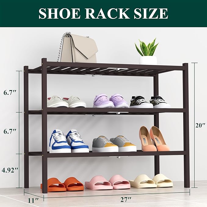 Smiry Shoe Rack, 3 Tier Thick Bamboo Shoe Organizer, Stackable Free Standing Wooden Shoe Storage Shelf for Closet, Entryway, 