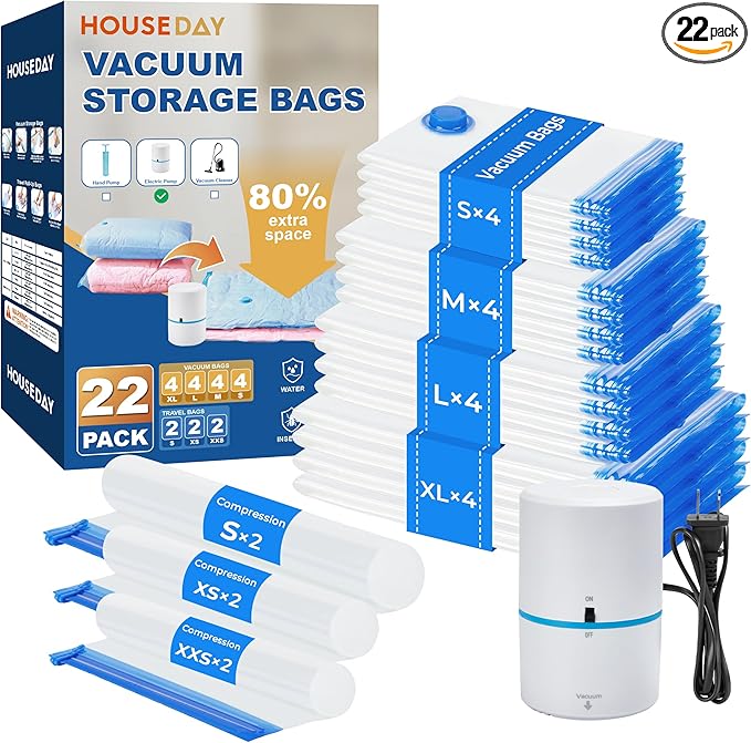 HOUSE DAY 22 Pack Vacuum Seal Bags For Clothing Travel, Vacuum Bags With Electric Pump, Vacuum Sealer Bag for Clothes, Comfor
