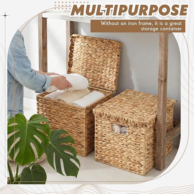 Jingmore Water Hyacinth File Storage Box with Scalloped Lid Collapsible Letter Size Hanging Filing Organizer Basket for Home 