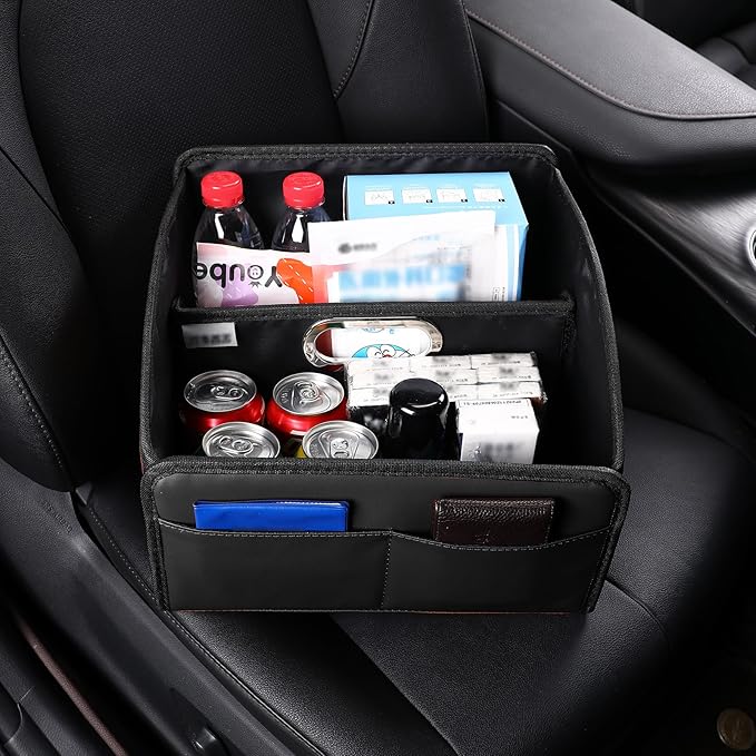 Car Storage Organizer [2025 UPDATED] Leather Car Caddy Basket for Front Seat Floor Back Seats Metal Handle 6 Compartments Adj