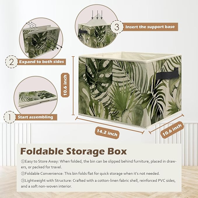 Boho Tropical Botanical Storage Box Bins, Green Monstera Palm Plant Leaf Collapsible Storage Basket Organizer for Bedroom Lau