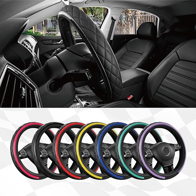 Road Comforts Leather Steering Wheel Cover – Black & Black, Universal Fit 14.5-15 Inch, Microfiber Leather, Anti-Slip & Breat