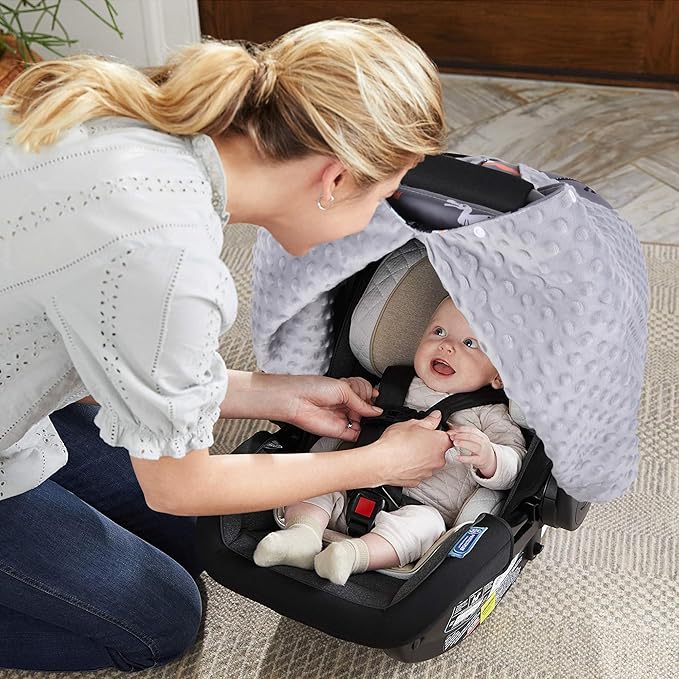 Rquite Car Seat Cover Baby, Carseat Covers Baby Boy, Minky Infant Car Seat Cover Winter, Peekaboo Opening Car Seat Canopy, Mu