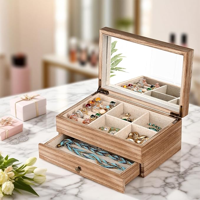 Meangood Jewelry Box Organizer for Women, 2 Layer Large Jewelry Storage Case, Rustic Wooden Jewelry Box with Mirror & Ring Tr