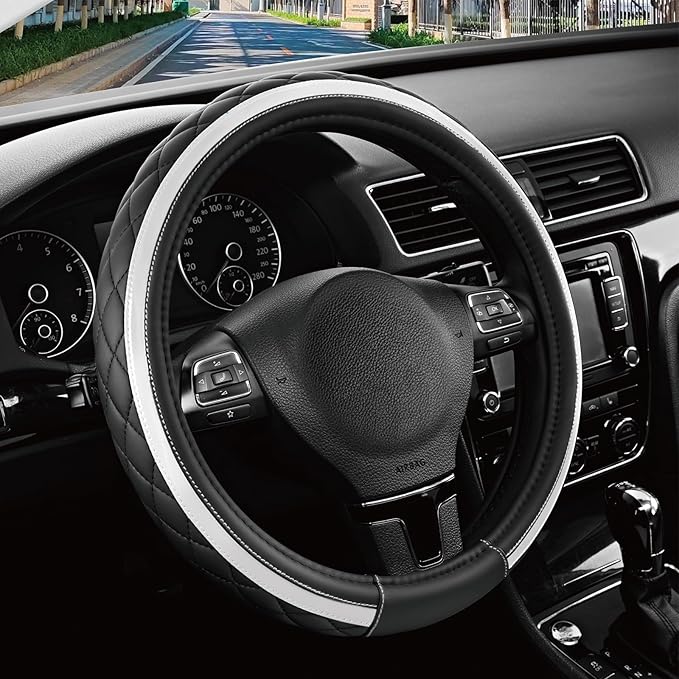 Road Comforts Leather Steering Wheel Cover – Black & Silver, Universal Fit 14.5-15 Inch, Microfiber Leather, Anti-Slip & Brea