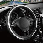 Road Comforts Leather Steering Wheel Cover – Black & Silver, Universal Fit 14.5-15 Inch, Microfiber Leather, Anti-Slip & Brea