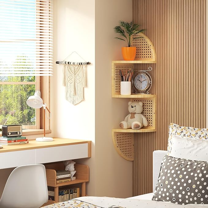 3-Tier Corner Shelf - Wooden Rattan Wall Mounted, Zig Zag Hanging Shelves for Bedroom, Living Room & Bathroom