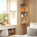3-Tier Corner Shelf - Wooden Rattan Wall Mounted, Zig Zag Hanging Shelves for Bedroom, Living Room & Bathroom