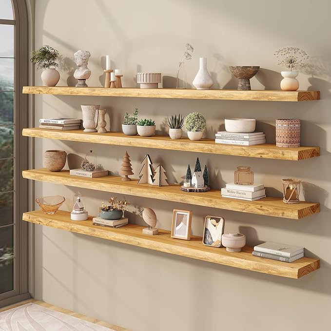 fuqing Live Edge Floating Shelves for Wall 72 inch, 8 Inch Deep Solid Elm Wood Floating Wall Shelves - Rustic Wooden Shelves 