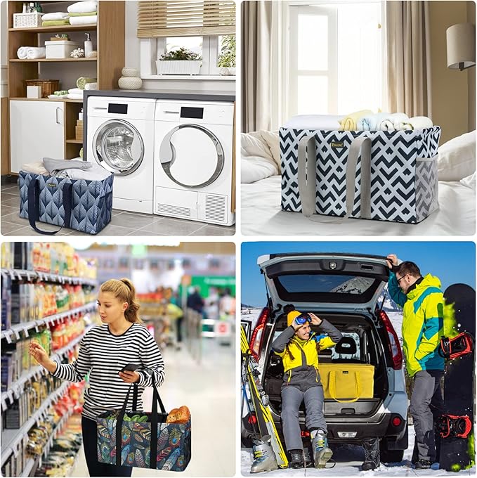 BALEINE Extra Large Utility Tote Bag with Reinforced Wire Frame, Reusable Grocery Bag for Shopping, Picnic (Color Stripe, 22''x12''x10'')