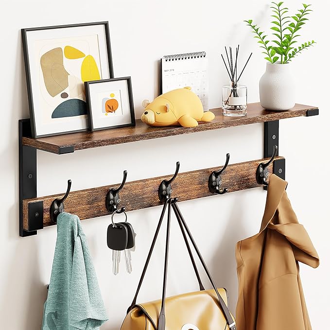 Oraich Coat Rack Wall Mount with Hooks and Shelf for Coat, Backpack, Key, Clothes Hanger, Wall Floating Shelf for Entryway, L