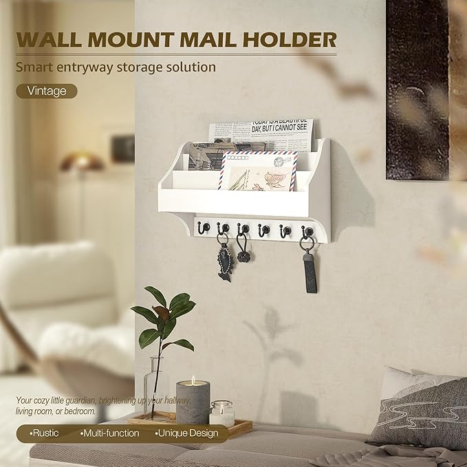 Rebee Vision Pine Wood Key Holder Wall Mount - Rustic Mail Holder for Wall with Key Hooks & 3-Tire Letter Slots - Multifuncti