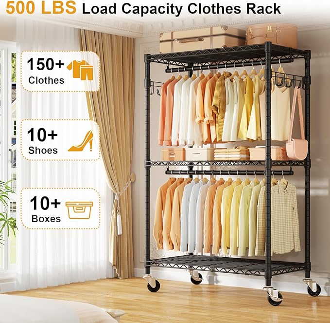 ULIFHOME P1 Rolling Clothes Rack, Portable Wardrobe Closet with Wheels, Heavy-Duty Closet Clothing Rack for Hanging Clothes, 