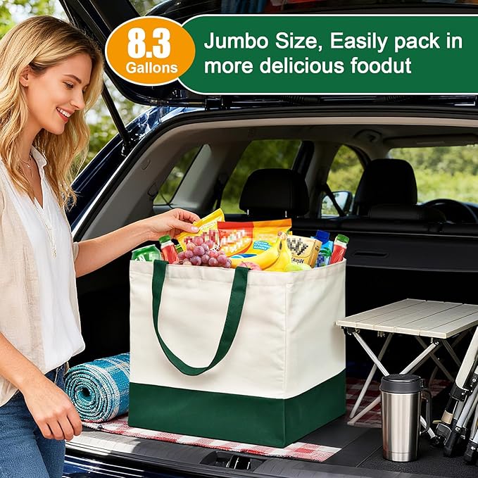 Reusable Grocery Bags Heavy Duty, 8.3 gal Foldable Large Canvas Tote Bag with Handles, Holds 60 lbs Canvas Shopping Bags, 1 Pack（Retro Green）