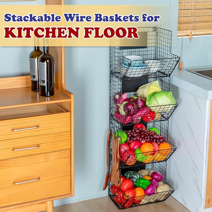 X-cosrack Metal Wire Basket Wall Mount, 4 Tier Extra Large Wall Storage Basket Organizer with Chalkboards, Kitchen Fruits and