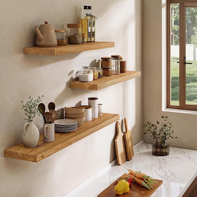 Dreamland Floating Shelves for Wall 40"x8" Set of 2 - Flat Edge Rustic Solid Elm Wood Shelves, Heavy Duty Wall Mounted Shelve