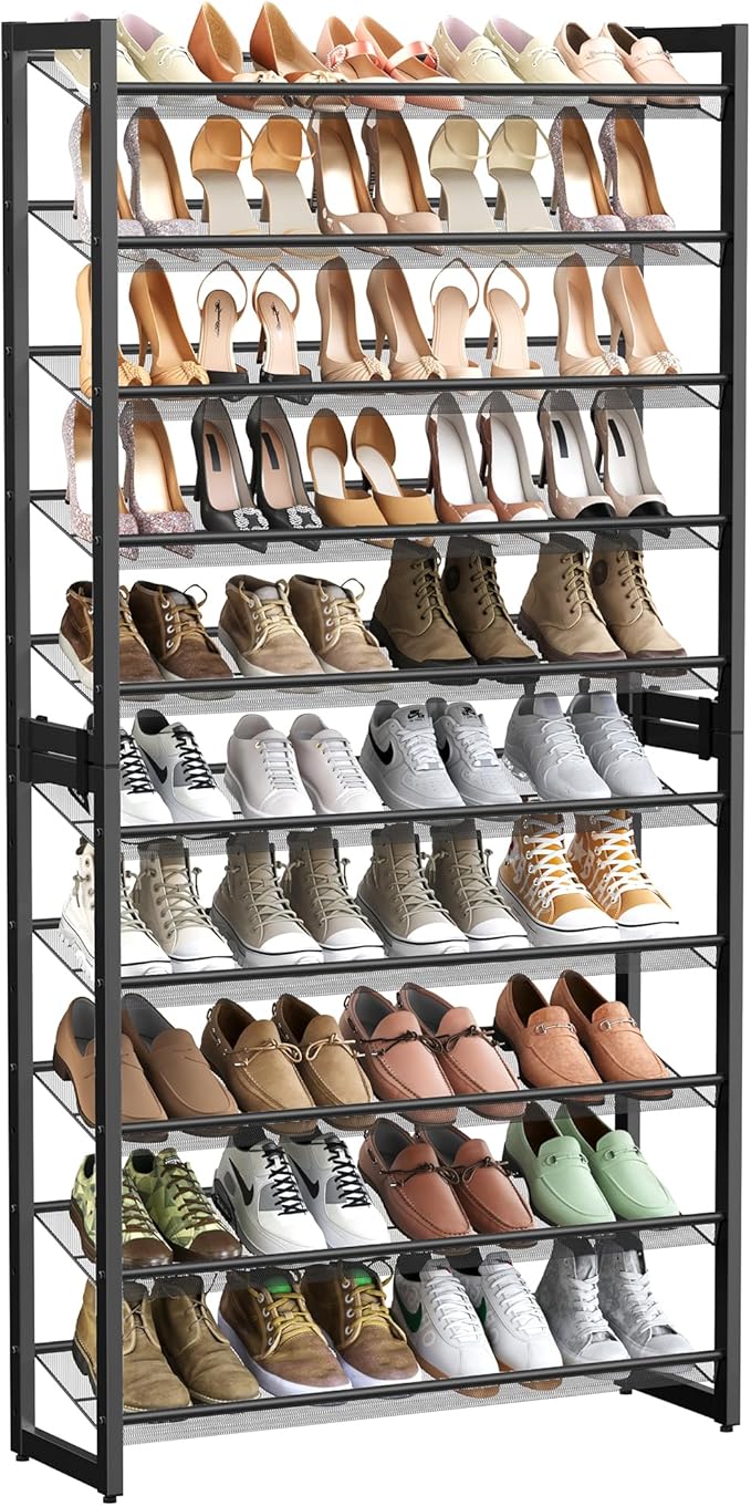 SONGMICS Shoe Rack, 10-Tier Shoe Organizer, Metal Rack for Garage, Set of 2, 5-Tier Stackable Shelf, with Adjustable Flat or 