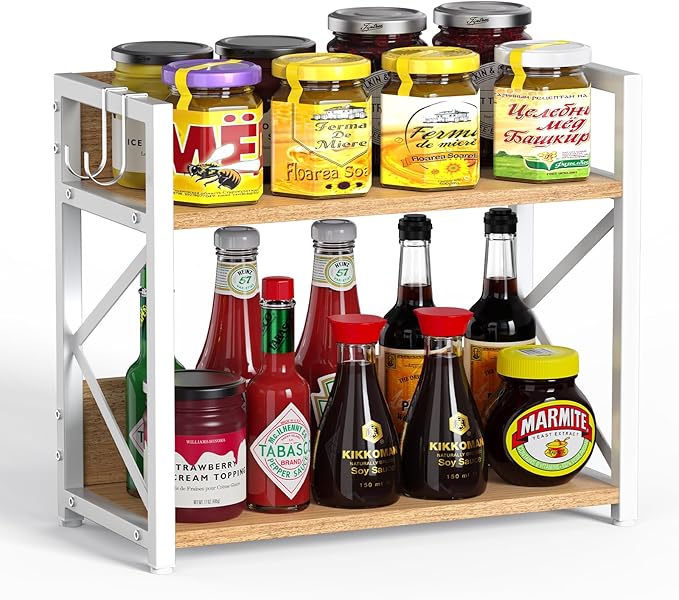 RUILALIFE Kitchen-Countertop-Organizer-Shelf, 2 Tier Coffee Bar Station Organizer for Counter,Wooden Spice Rack Shelf, Space 