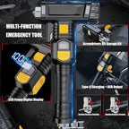 Safety Hammer Flashlight for Car, Emergency Rescue Tool with Seatbelt Cutter, 6 in 1 Screwdrivers Bit Storage Kit, Sound & Li
