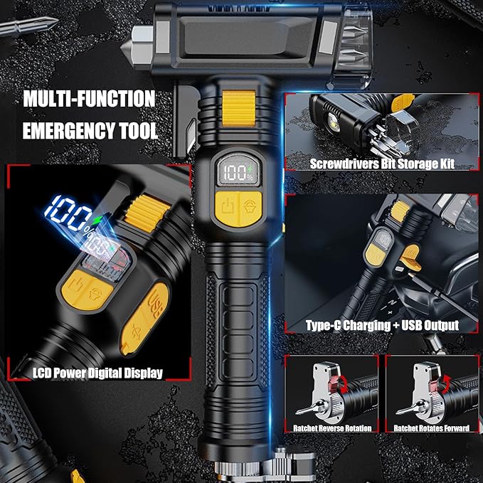 Safety Hammer Flashlight for Car, Emergency Rescue Tool with Seatbelt Cutter, 6 in 1 Screwdrivers Bit Storage Kit, Sound & Li