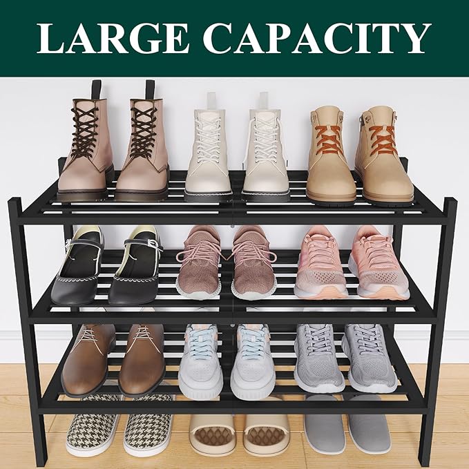 Smiry Bamboo Shoe Rack 3-Tier, Stackable Wooden Shoe Organizer for Entryway & Closet, Free Standing Wood Shoe Storage Shelf f