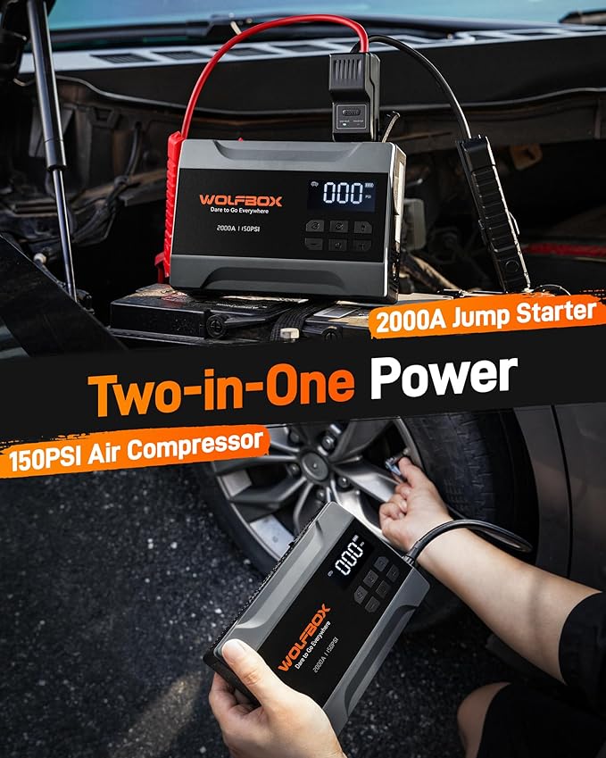 WOLFBOX 2000A Jump Starter with Air Compressor, 37Wh Car Battery Jumper Starter Portable (up to 5L Gas Engine) with 150PSI