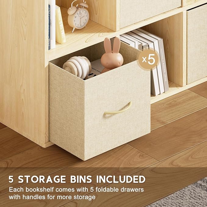 EXPERLAM 9 Cube Storage Organizer - Solid Wood Bookshelf with 5 Storage Bins, Cube Shelf with 3 Removable Back Panels, Vertic