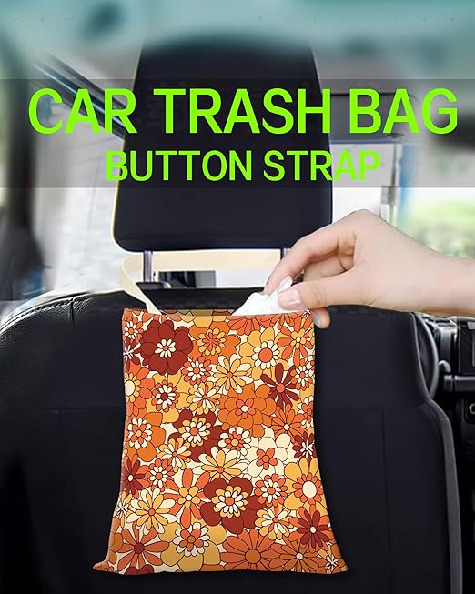 Car Trash Can, Durable Hanging Car Trash Garbage Bag, Cute Automotive Garbage Cans Organizer, Boho Orange Flowers