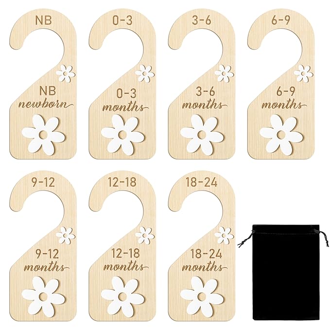 R HORSE Wooden Baby Closet Dividers - 8Pcs Double-Sided 3D Daisy Nursery Closet Organizer Baby Clothes Size Hanger Dividers N