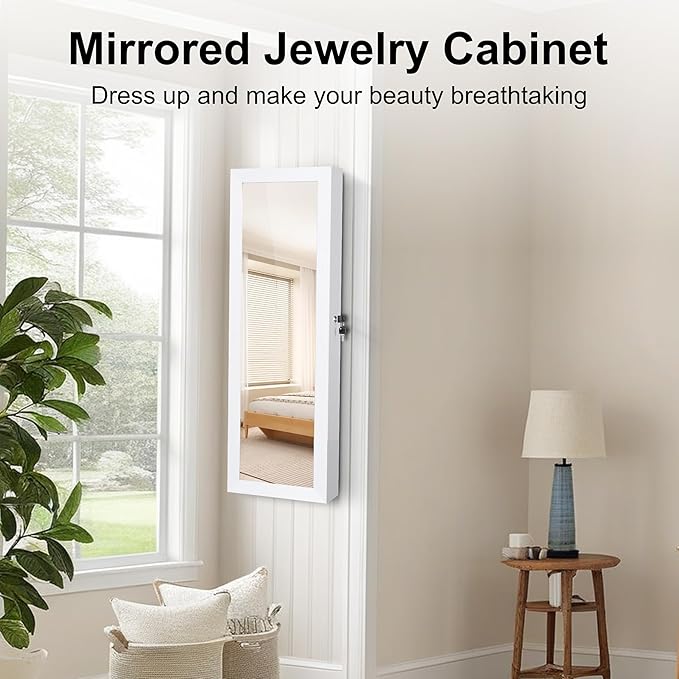 Mirror Jewelry Cabinet, Wall/Door Mounted Jewelry Armoire with Full-Length Mirror, Hanging Jewelry Organizer with LED Interio
