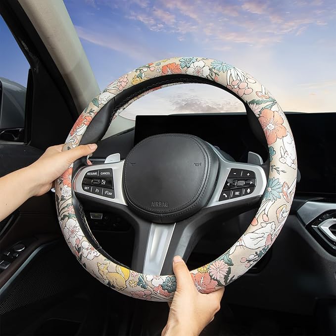 White Rabbit Mushroom Steering Wheel Cover Auto Jacquard Steering Wheel Protector, Anti-Slip, Breathable, Absorbing Sweat, Un