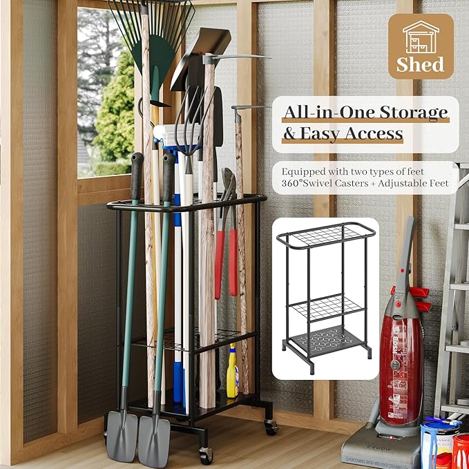 Garden Tool Organizer with Wheels, Heavy Duty Metal Garage Tool Storage Rack, Yard Tool Holder for Long-Handled Tools, Rakes 
