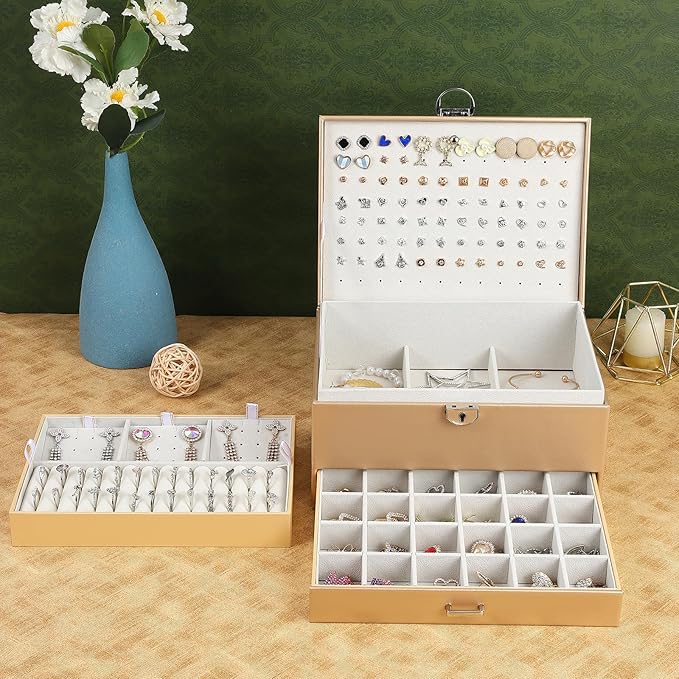 BOOVO Earring Jewelry Box For Women Girl Stud Organizer, 5 Layers Girl Jewelry Organizer Box With Lock Earring Holder Organiz
