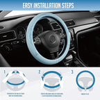 PIC AUTO Steering Wheel Cover, Light Blue Patterned Leather Patchwork Design, Universal Fit 14.5"–15.5", Anti-Slip, Odor-Free