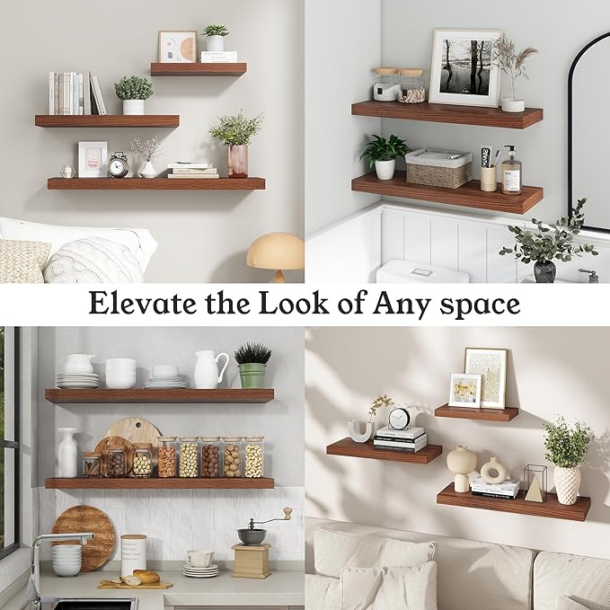Floating Shelves for Wall, 7.9" Deep Wall Mounted Wood Shelves for Bathroom, Bedroom, Living Room, Kitchen, Hanging Shelf for