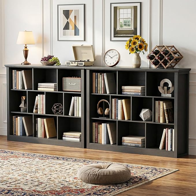 Unikito 10 Cube Storage Book Shelf - 50" Wide Wood Cube Storage Organizer, Wooden 3 Tiers Floor Standing Low Bookcase for Liv