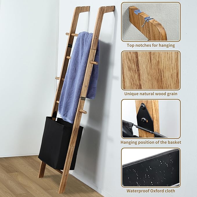 67-Inch Farmhouse Blanket Ladder with Basket, Rustic Wooden Display Ladder for Throws, Blankets, Quilts & Towels, Sturdy Wall