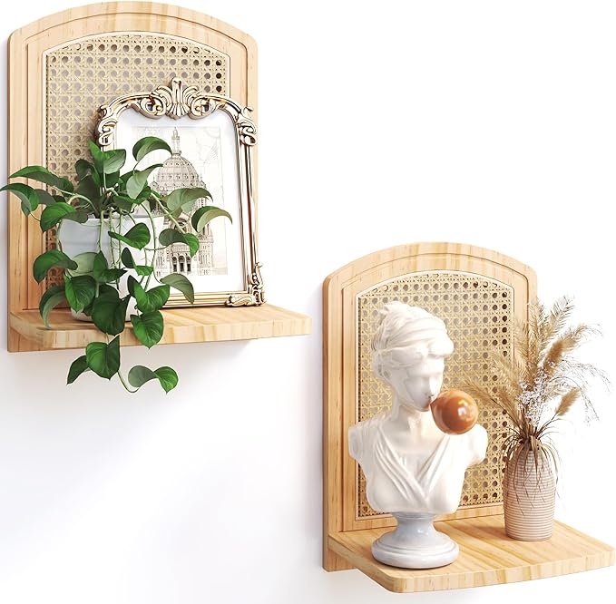 Rattan Shelf Set of 2, 9.8''Natural Wood Rattan Shelf with Wicker Decor, Boho Wall Decor Small Floating Shelves for Plant Fig