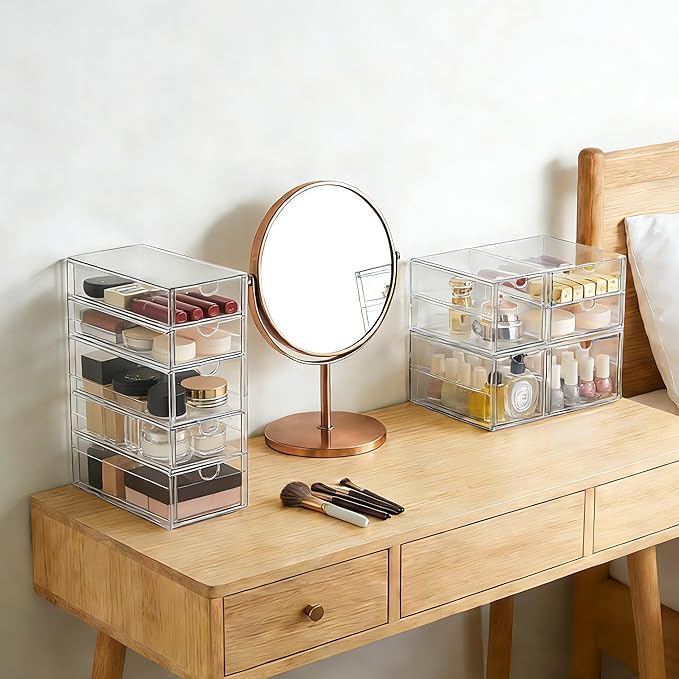 Prsildan Acrylic Drawer Makeup Organizer with 9 Drawers, Set of 3 Office Desk Organizers Accessories, Clear Stackable Storage