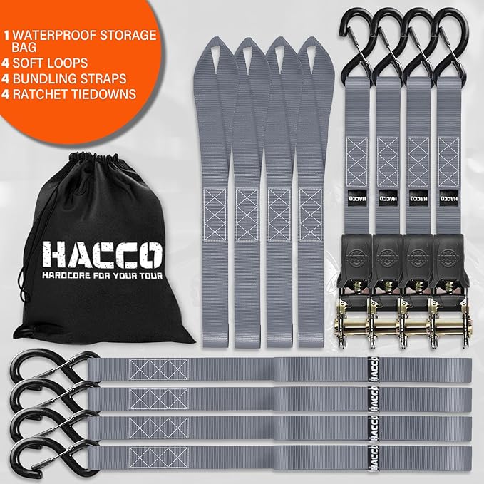 Ratchet Tie Down Straps, 2340lb Break Strength, 4pc 1inch x 16FT Tie Down Strap Set with Padded Handles & Coated S Hook W/Safety Clip, Cargo Strap Tie Down for Motorcycle, Truck (Grey)
