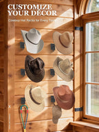 Cinati Cowboy Hat Rack for Wall 6 Pack, Cowboy Hat Holder Wall Mount, Western Rustic Metal Hats Hanger Hooks Organizer for Fe