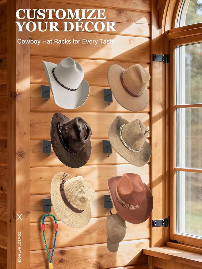 Cinati Cowboy Hat Rack for Wall 6 Pack, Cowboy Hat Holder Wall Mount, Western Rustic Metal Hats Hanger Hooks Organizer for Fe