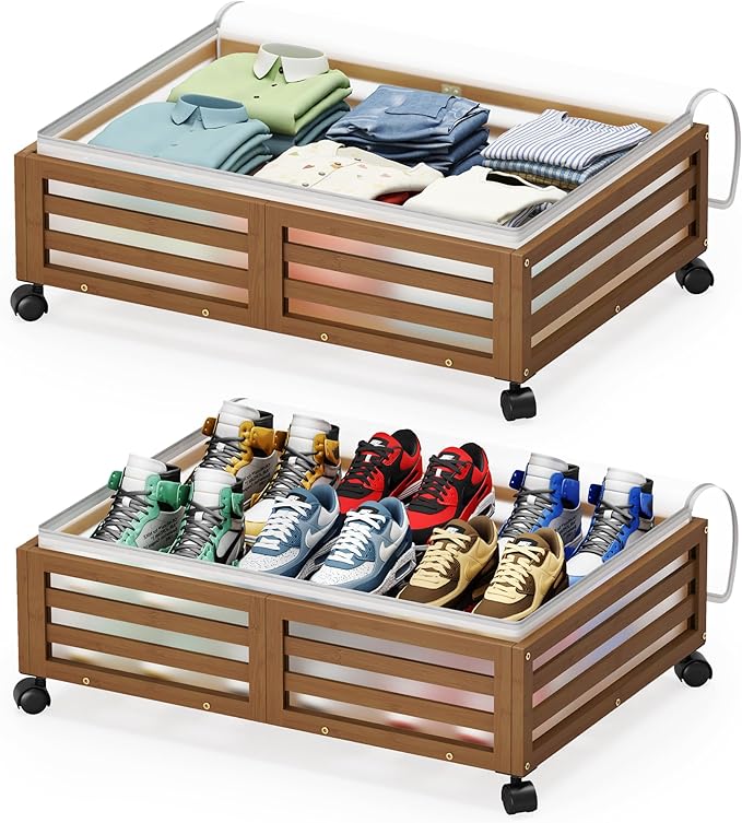 Under Bed Storage with Wheels-Large Bamboo Underbed storage Containers with Large Dust Bag Stackable Under the Bed Shoe Stora